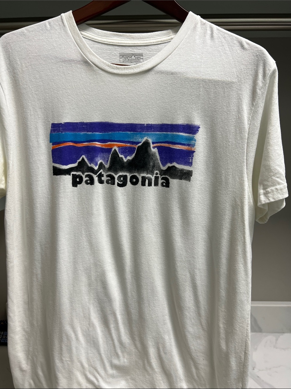 Patagonia White Short-Sleeve Tee with Blue and Purple Graphic